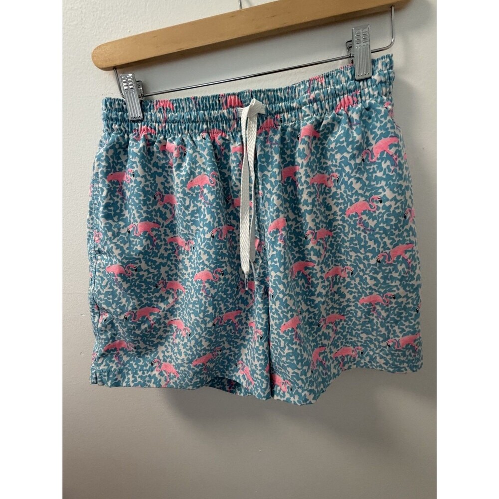 Chubbies Men's Swim Bottom S Blue Back Zipper Pocket Flamingo Print Pink
